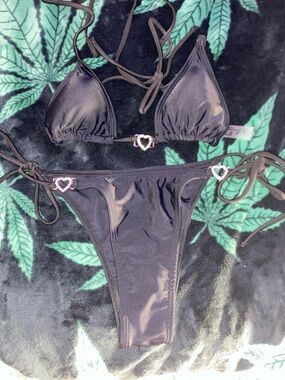 SHEIN Black String Bikini with Heart Charms